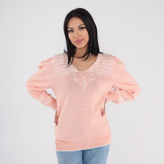 80s Pink Knit V-Neck Sweater White Stripes Soutache Trim Medium M
