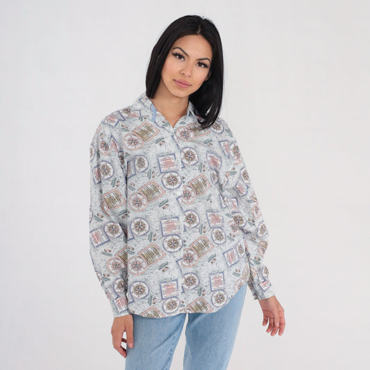 90s Dockers Butterfly Flower Print Button Up Shirt Yellow Cotton Medium M