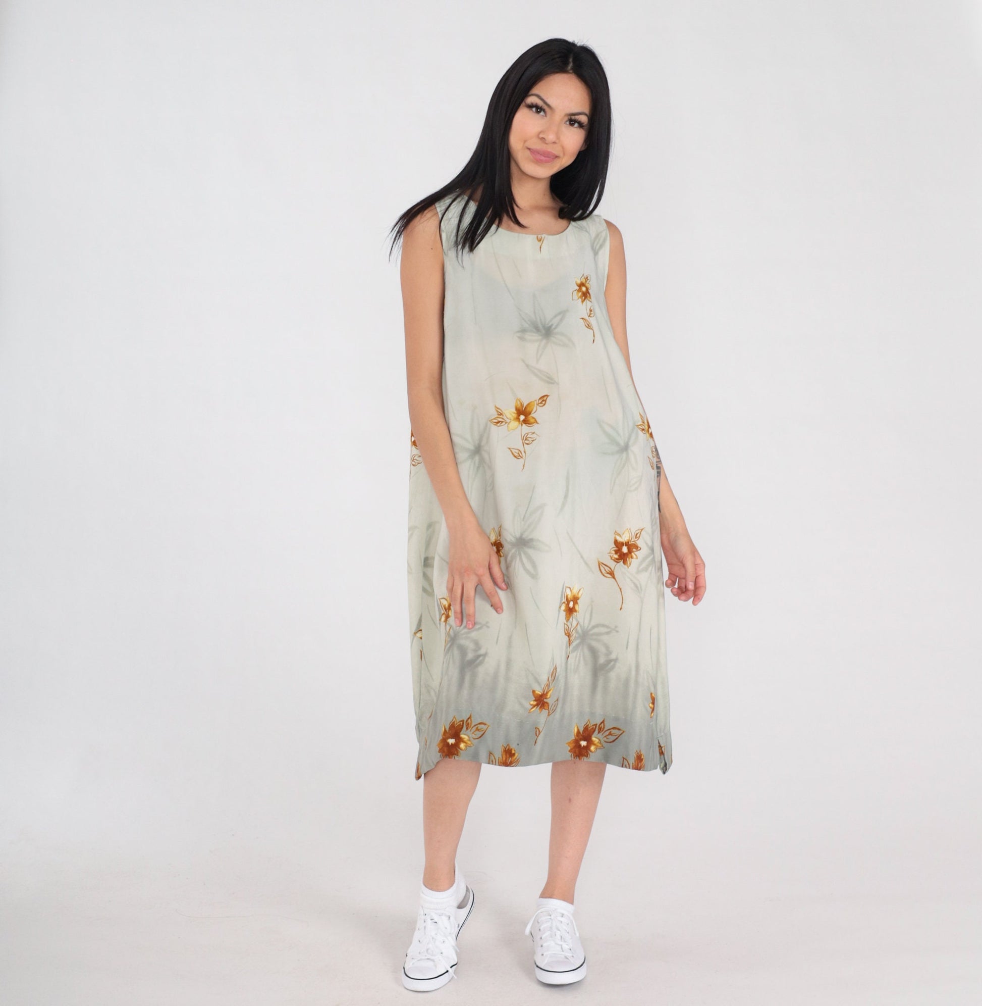90s Green Floral Semi-Sheer Sundress Knee-Length Sleeveless Large L