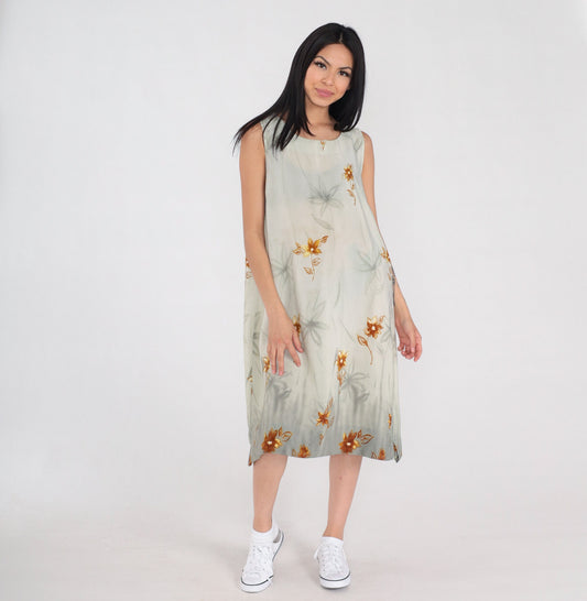 90s Green Floral Semi-Sheer Sundress Knee-Length Sleeveless Large L