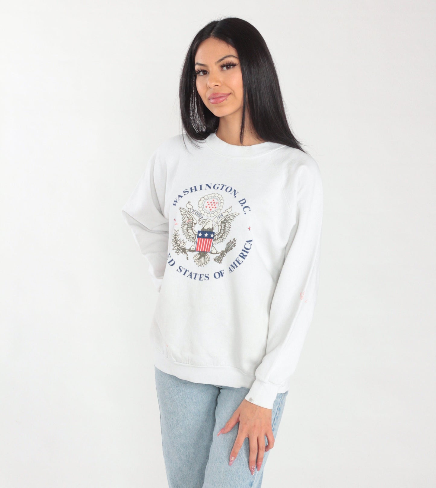 90s Washington DC Eagle Crest Raglan Sweatshirt White Graphic Medium