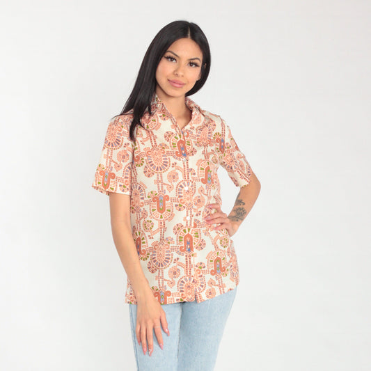 70s Abstract Geometric Print Button-Up Blouse Off-White Dagger Collar Small