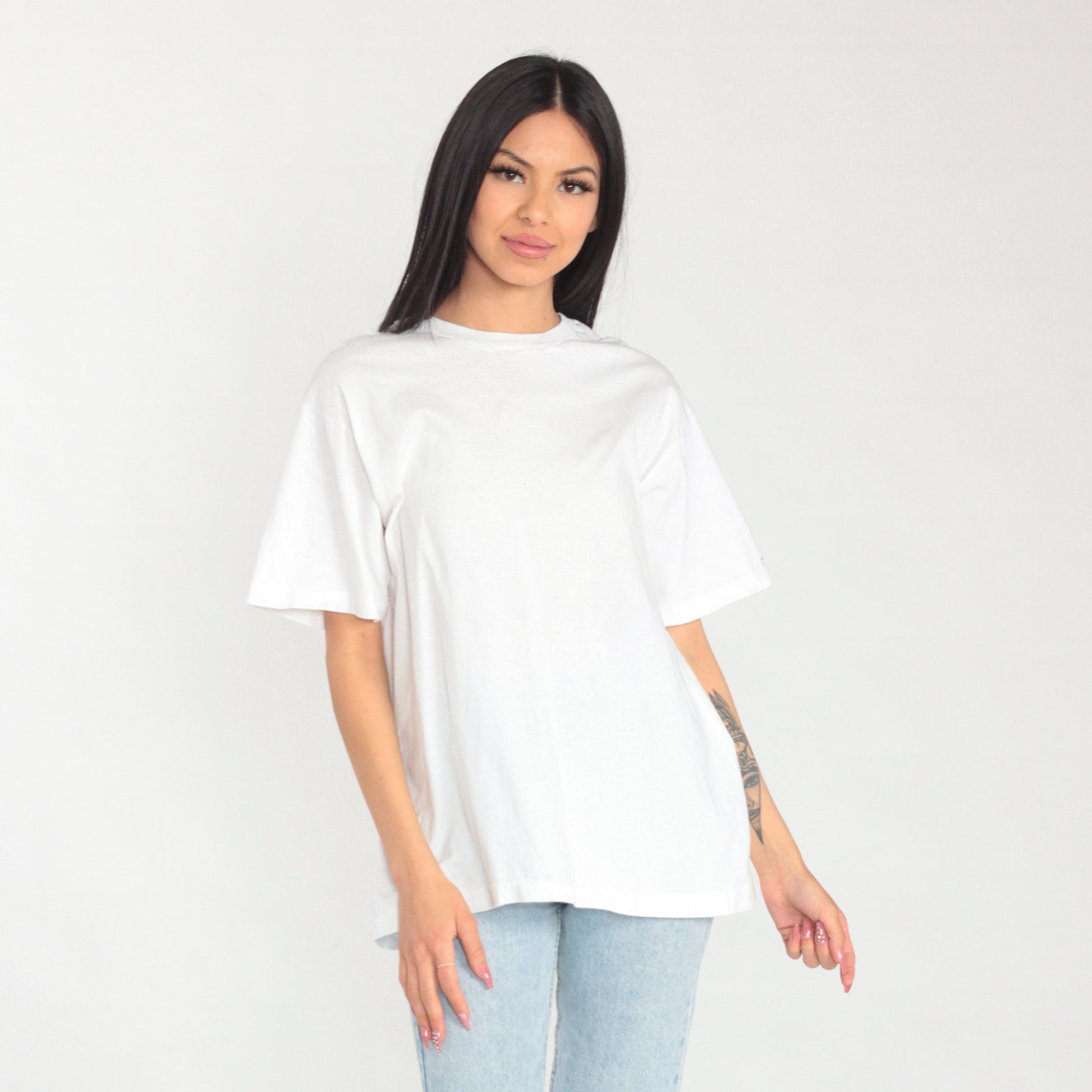 90s Plain White Crew Neck T-Shirt Single Stitch Vintage Large L