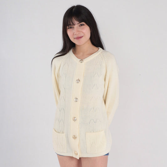 80s Off-White Pointelle Cardigan Silver Button Knit Sweater Medium Large
