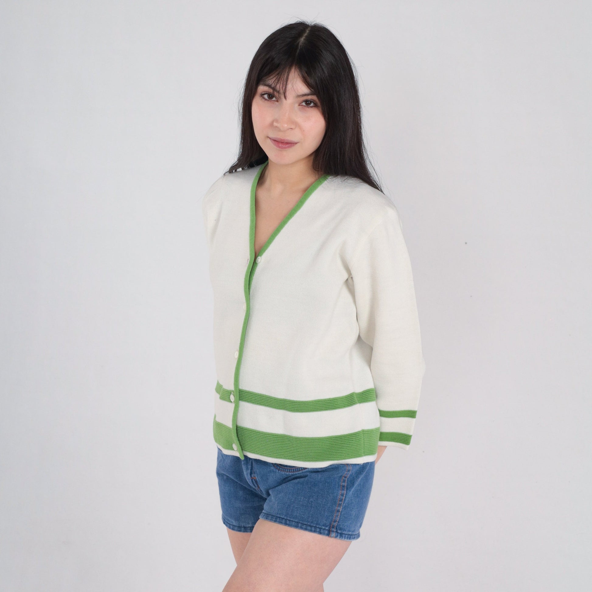 70s Wool Cardigan White Green Striped V-Neck Button-Up Knit Small S