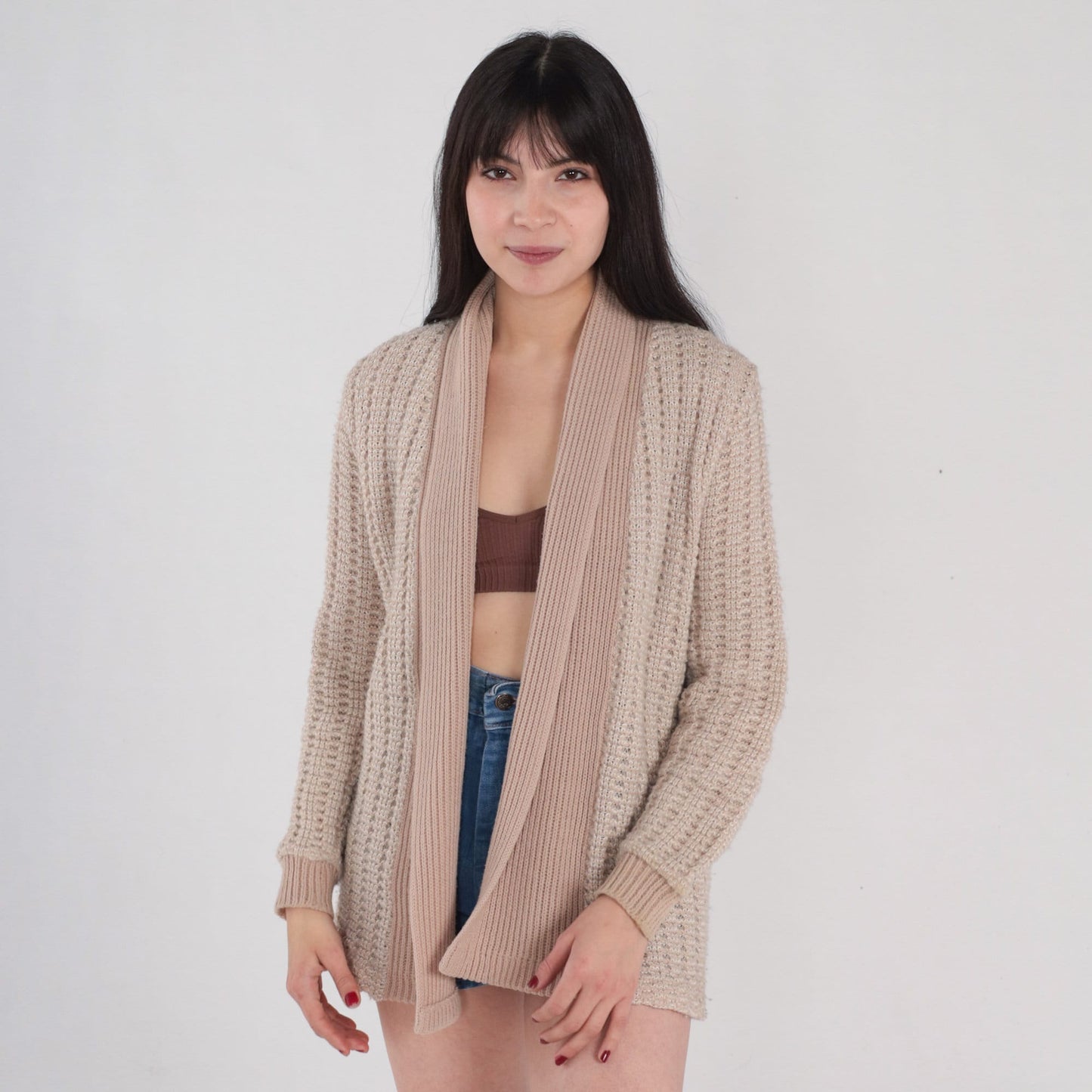 70s Light Brown Knit Cardigan Open Front Sweater Small S