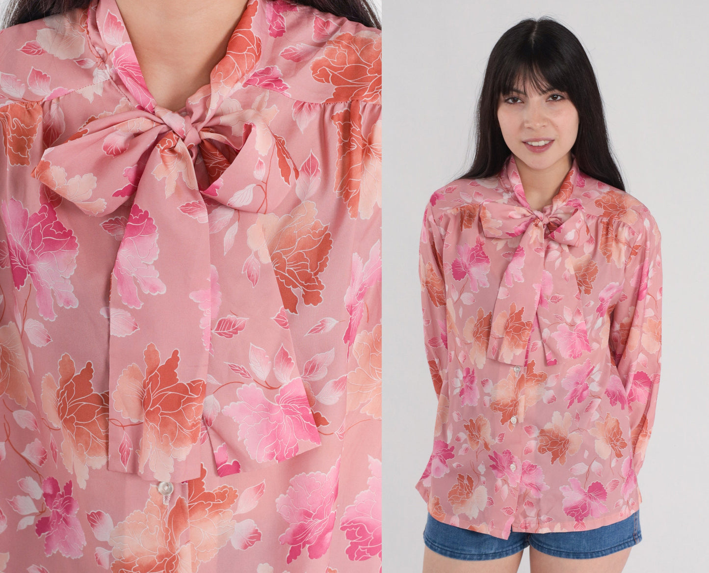 70s Pink Floral Ascot Blouse Button-Up Long Sleeve Neck Tie Shirt Medium