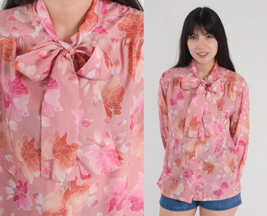 70s Pink Floral Ascot Blouse Button-Up Long Sleeve Neck Tie Shirt Medium