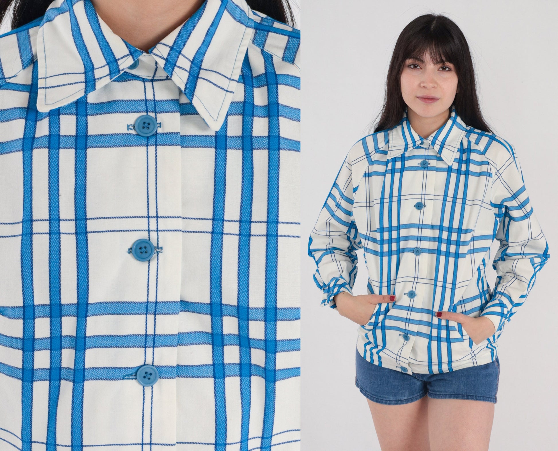 60s Plaid Button-Up Jacket White Blue Checkered Cotton Raglan Medium