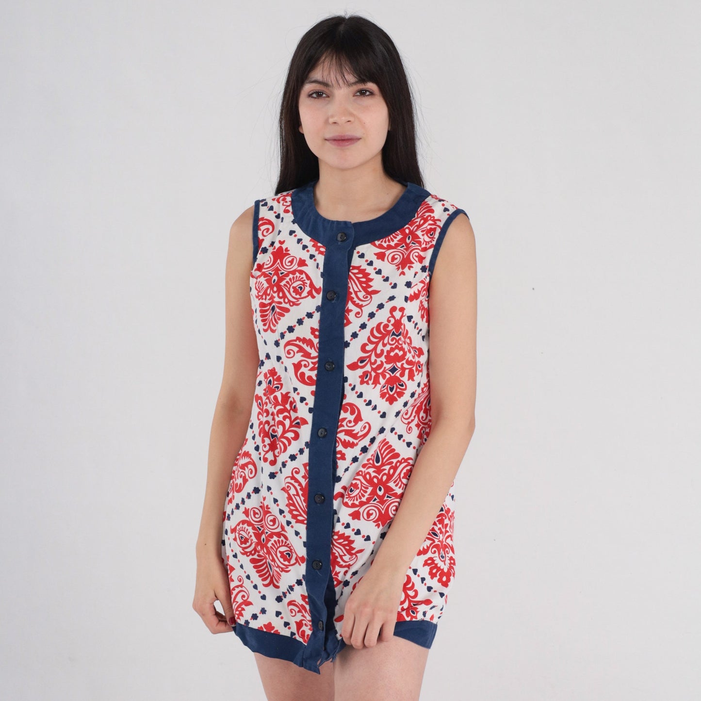 70s Mod Sleeveless Tunic Tank Top White Red Tile Print Blue Trim Small S