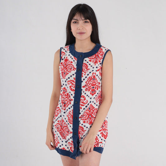70s Mod Sleeveless Tunic Tank Top White Red Tile Print Blue Trim Small S