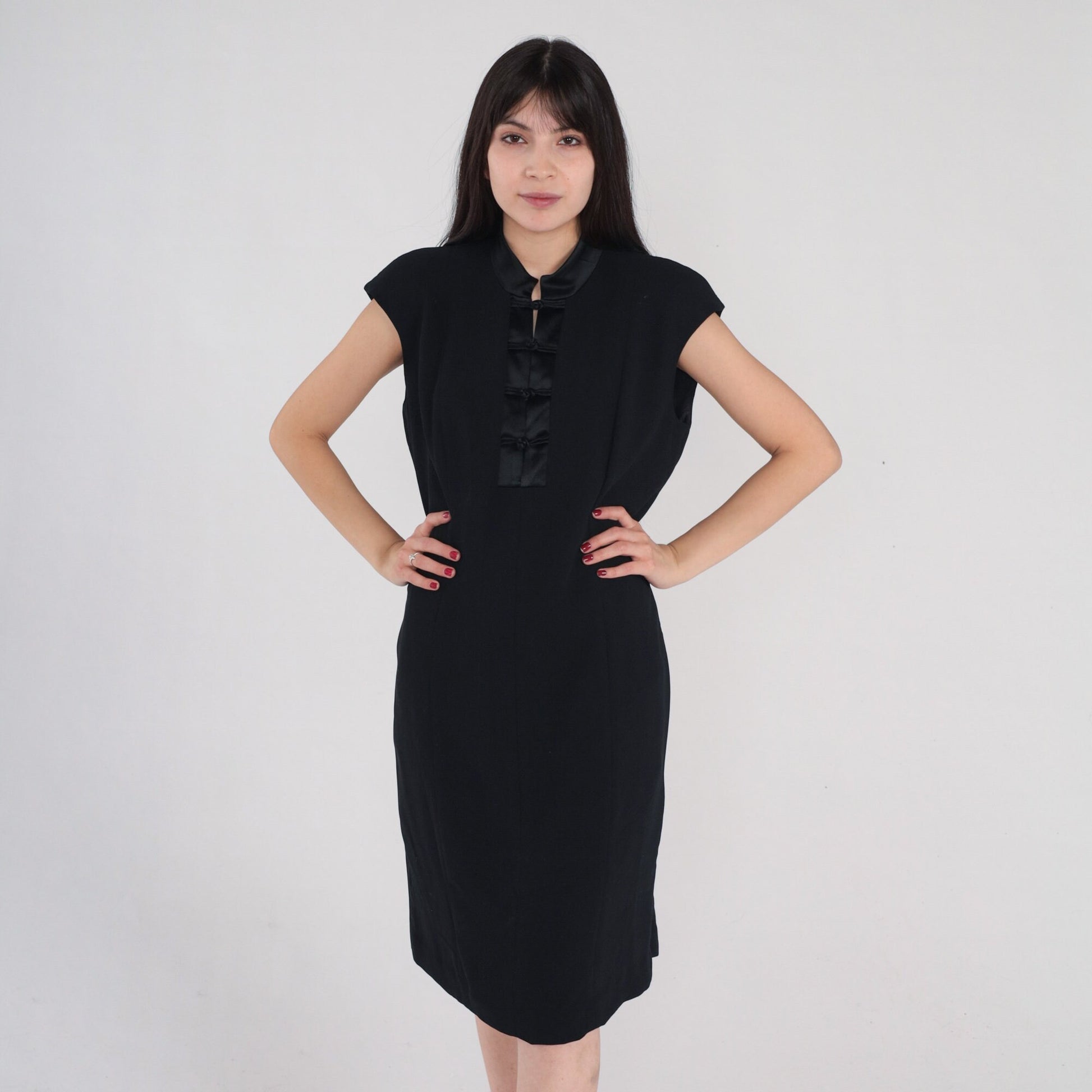 Y2K Jones New York Black Mandarin Collar Mini Dress Cap Sleeve Large 12
