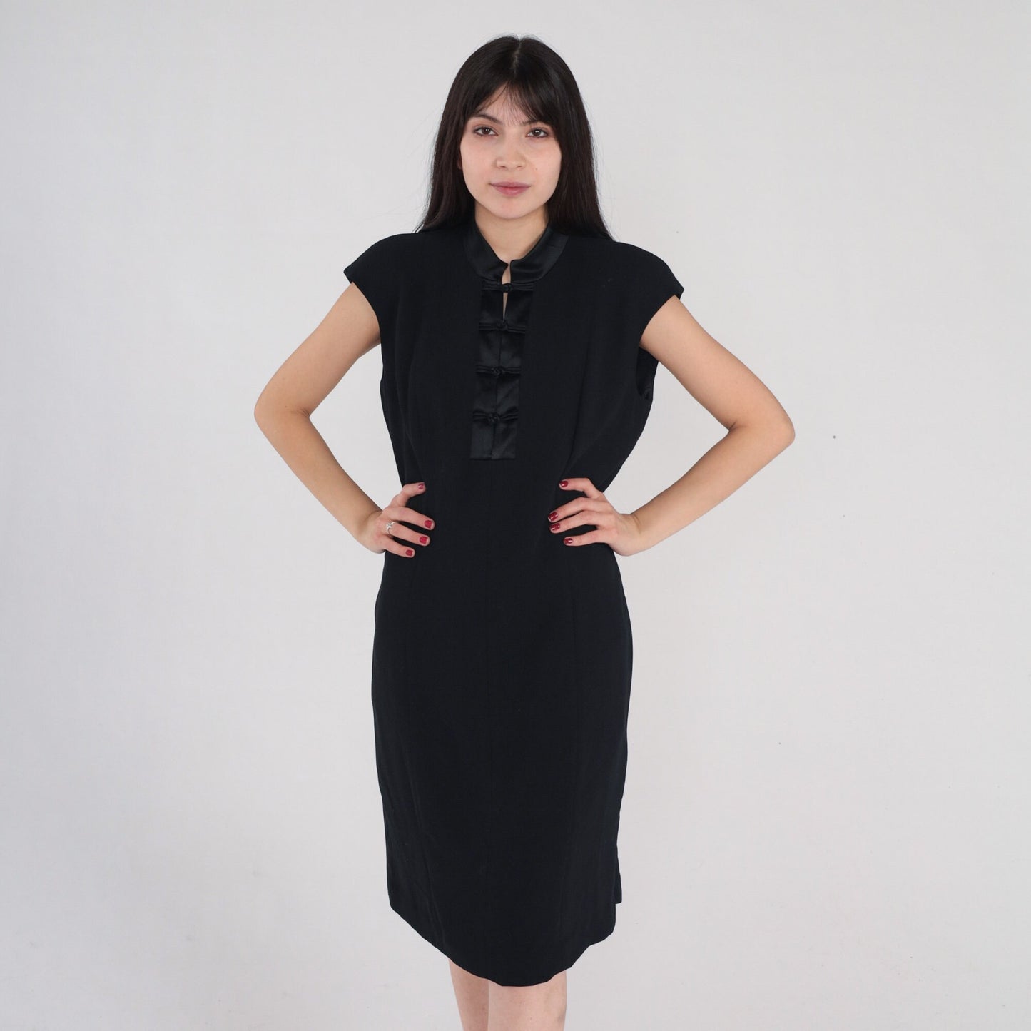 Y2K Jones New York Black Mandarin Collar Mini Dress Cap Sleeve Large 12