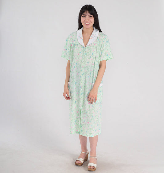 70s Floral Embroidered Nightgown Green Midi Snap Button Pajama Dress Medium
