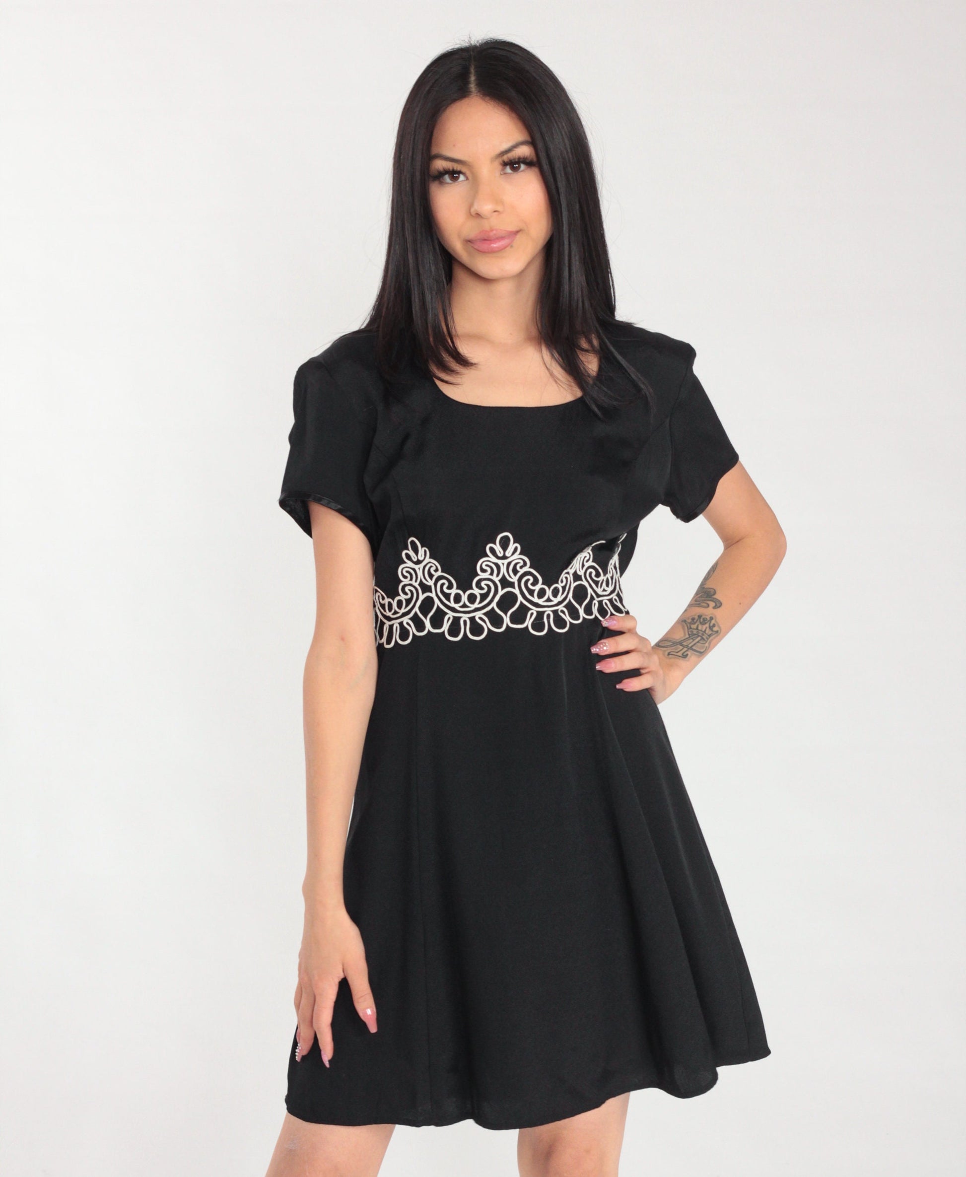 90s Black Mini Dress Soutache Trim Short Sleeve Shift Medium M