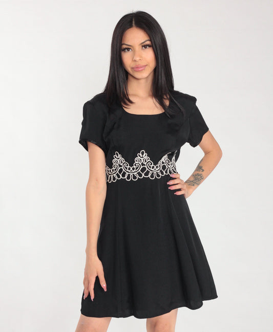 90s Black Mini Dress Soutache Trim Short Sleeve Shift Medium M