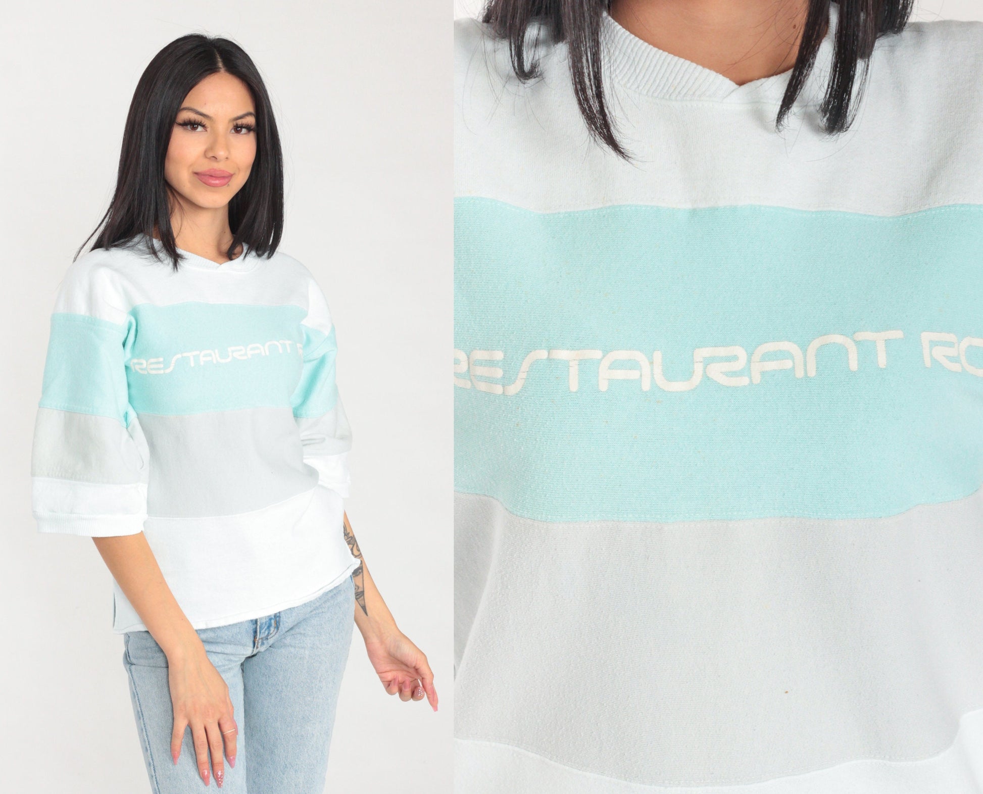80s Restaurant Row Striped Sweatshirt White Mint Grey Graphic Tee Small