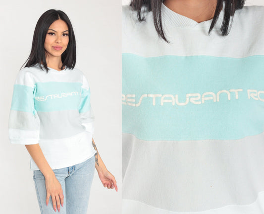 80s Restaurant Row Striped Sweatshirt White Mint Grey Graphic Tee Small