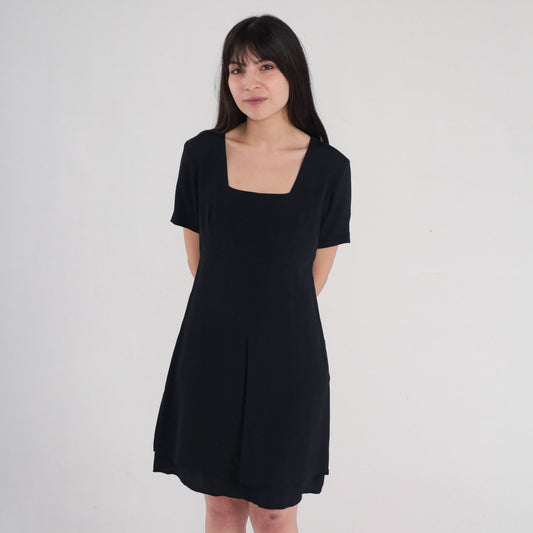 90s Black Mini Shift Dress Empire Waist Square Neckline Small 6