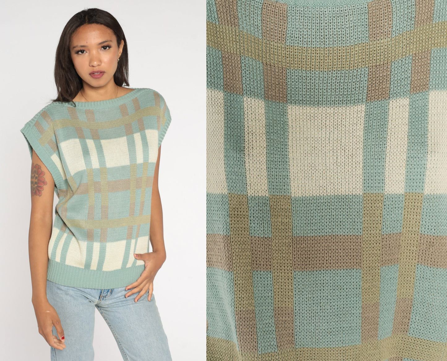 80s Bay Club Seafoam Checkered Knit Boatneck Cap Sleeve Top Medium Large