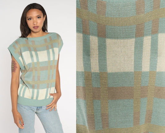 80s Bay Club Seafoam Checkered Knit Boatneck Cap Sleeve Top Medium Large