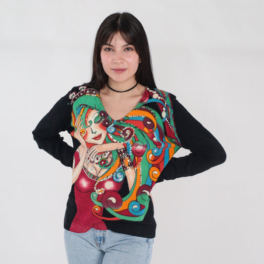 00s Sequin Fantasy Woman Graphic Pullover Sweater Black Medium M