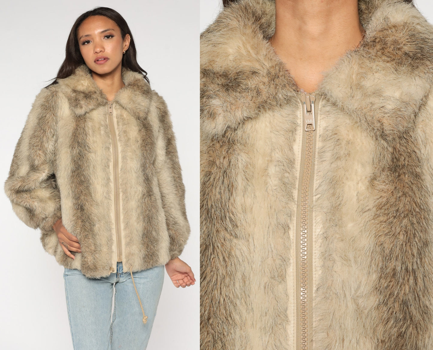 70s Striped Faux Fur Coat Taupe Cream Satin Lined Winter Jacket Medium