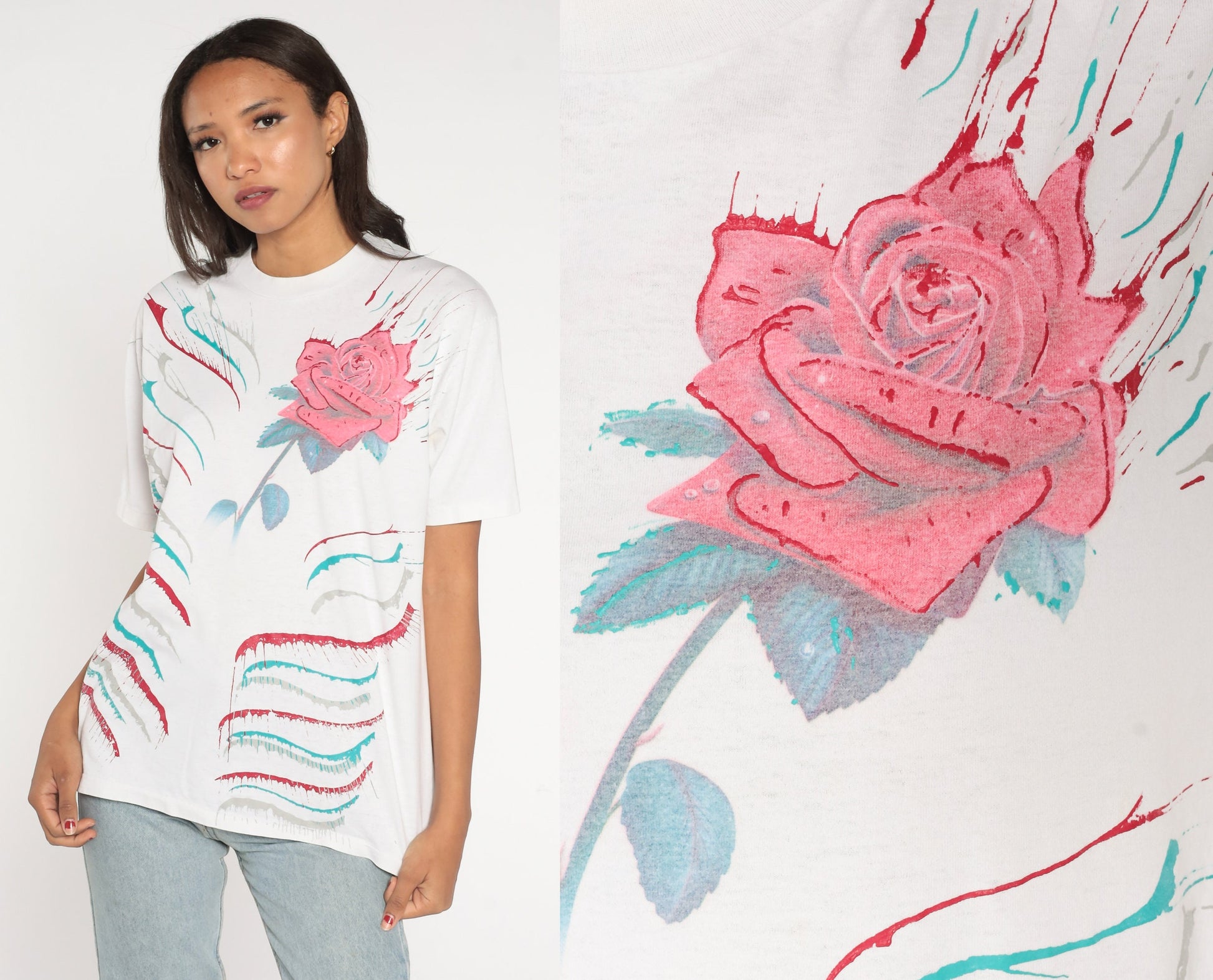 90s Painted Rose Graphic T-Shirt Floral Print White Cotton Medium Large