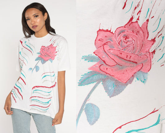 90s Painted Rose Graphic T-Shirt Floral Print White Cotton Medium Large
