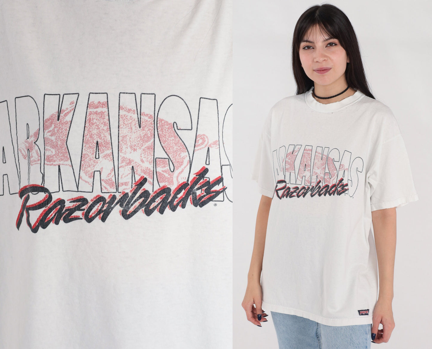 90s Arkansas Razorbacks Football Graphic T-Shirt White Cotton Large L