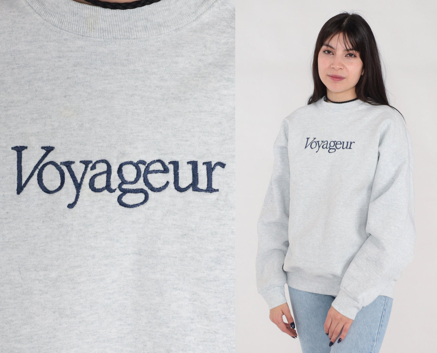 90s Voyageur Embroidered Sweatshirt Heather Grey Crewneck Pullover Large L