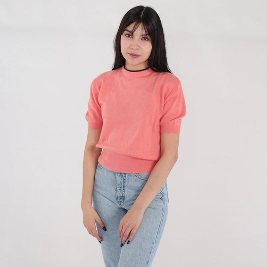 60s Pink Nylon Knit Crop Top Short Sleeve Banded Hem Small