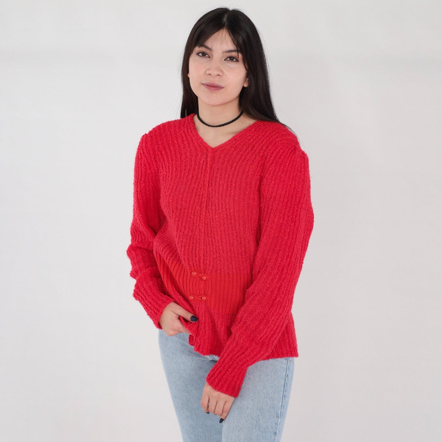 80s Red Ribbed Knit V-Neck Sweater Button Waist Medium
