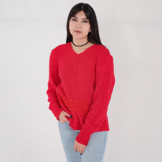 80s Red Ribbed Knit V-Neck Sweater Button Waist Medium