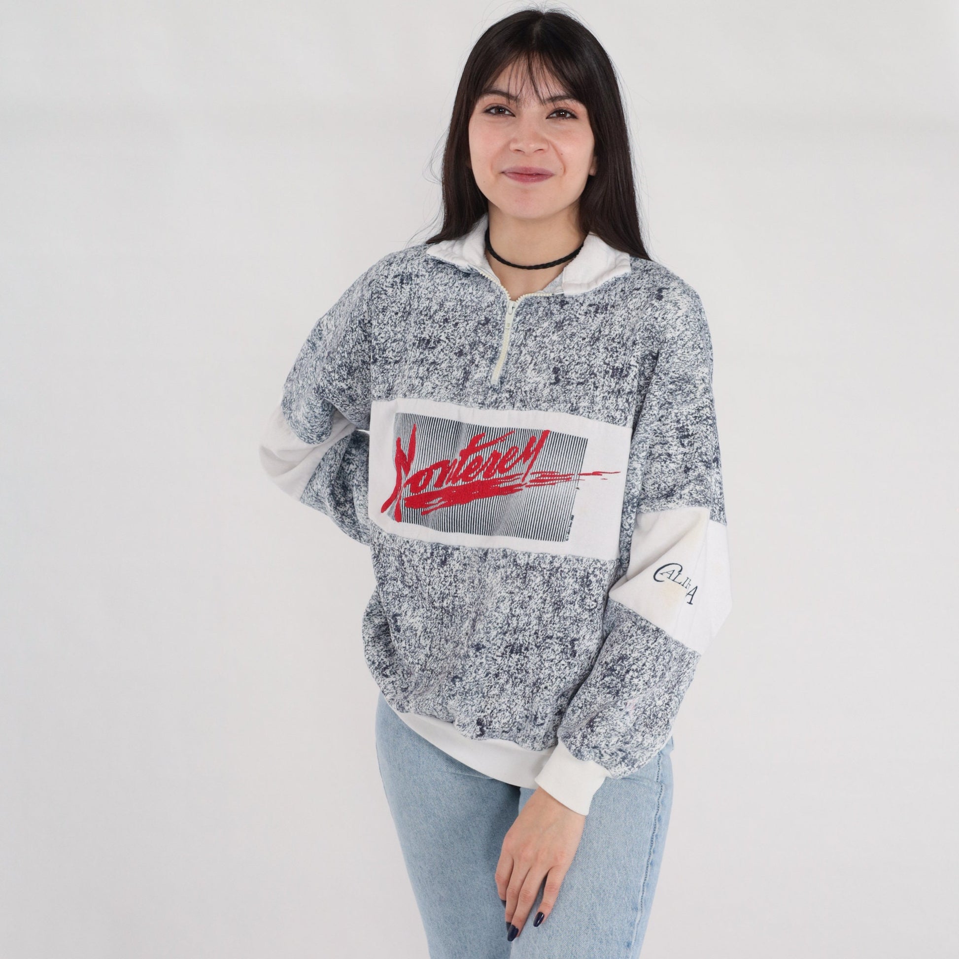 80s Monterey California Quarter Zip Sweatshirt Navy Marble Graphic Large L