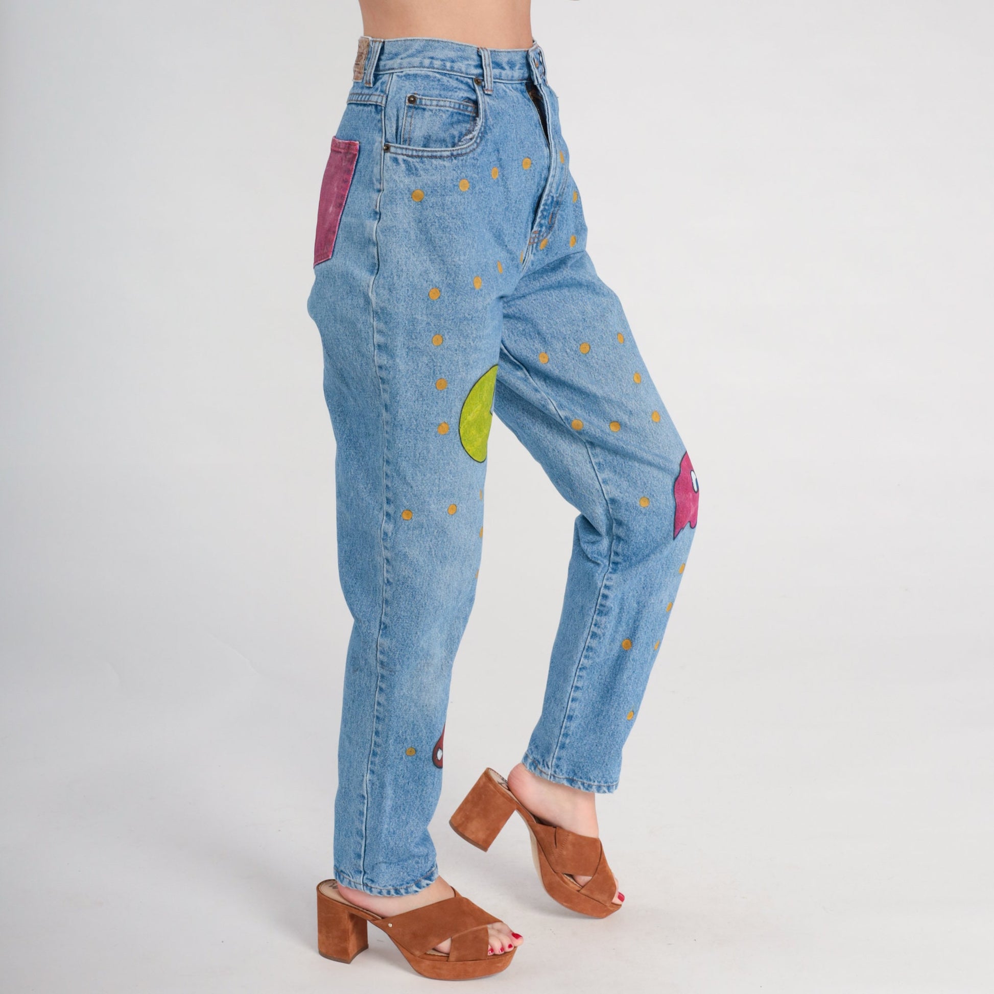 90s Pac-Man Hand Painted High Waist Tapered Jeans Blue Denim Small