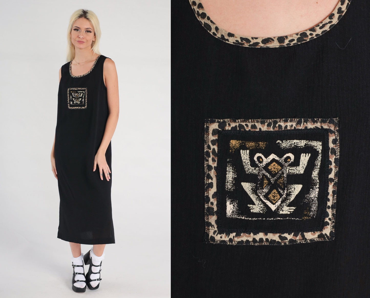 Y2K Black Frog Print Sleeveless Shift Dress Side Slit Medium 8
