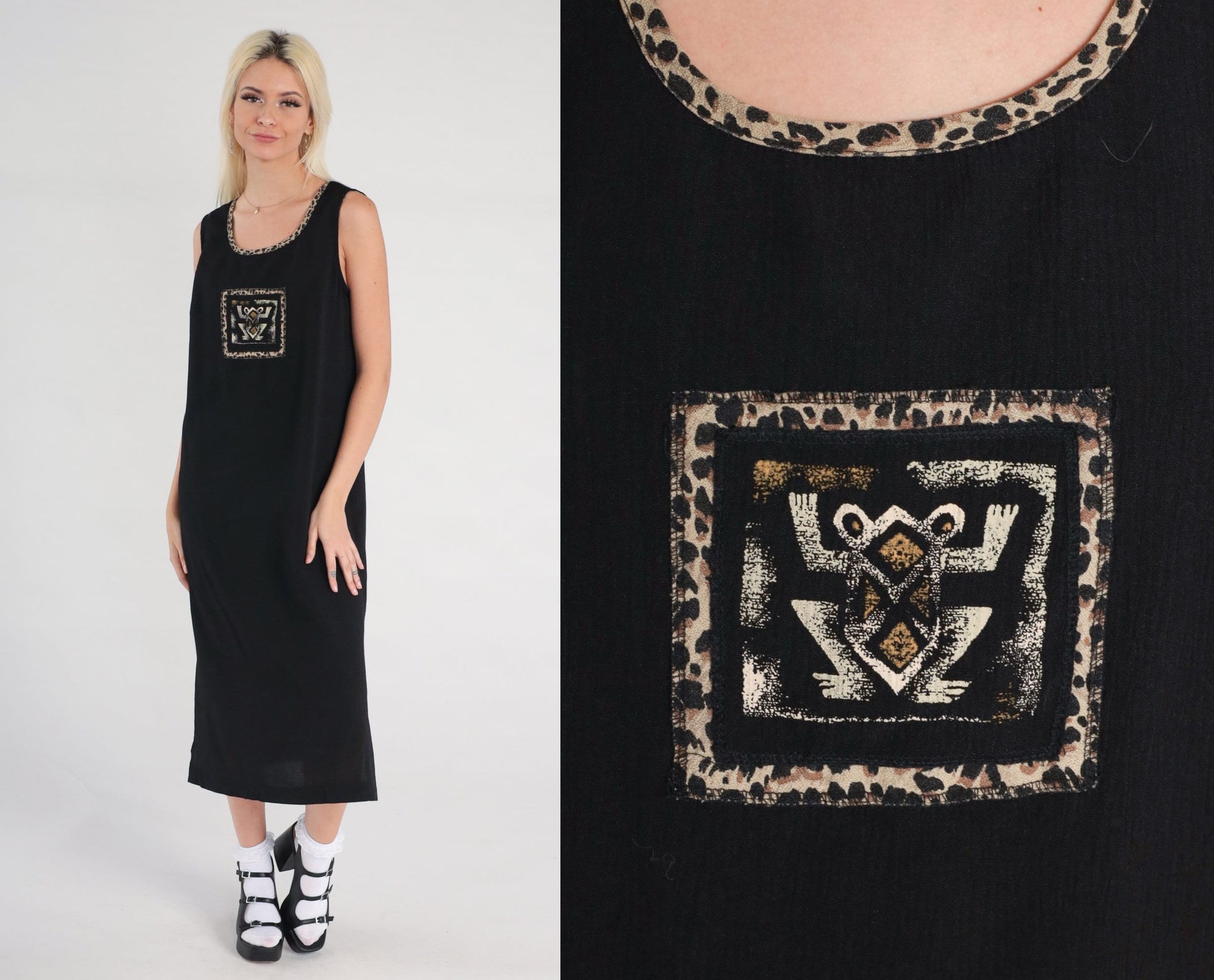 Y2K Black Frog Print Sleeveless Shift Dress Side Slit Medium 8