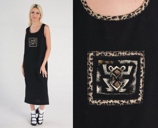 Y2K Black Frog Print Sleeveless Shift Dress Side Slit Medium 8