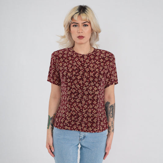90s Silk Blouse Dark Red Tile Print Short Sleeve Keyhole Back Small