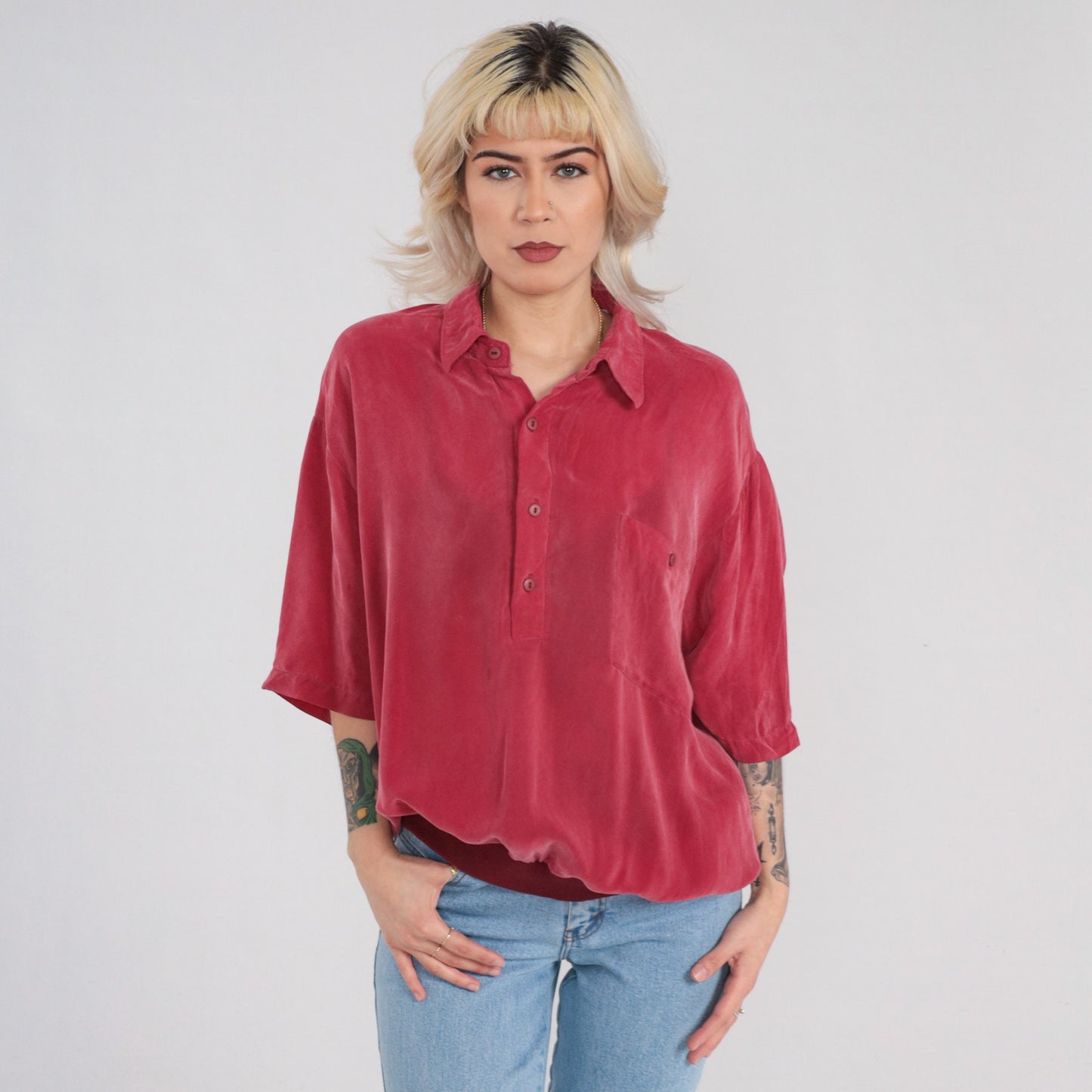 90s Red Polo Shirt Silky Rayon Half Button Collared XL