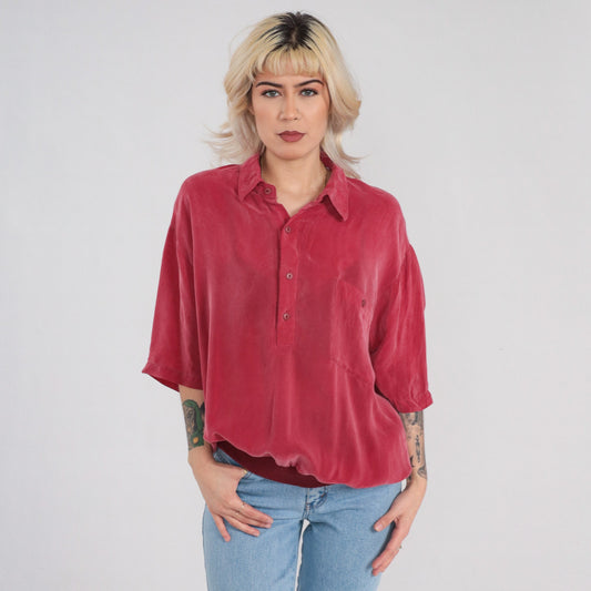 90s Red Polo Shirt Silky Rayon Half Button Collared XL