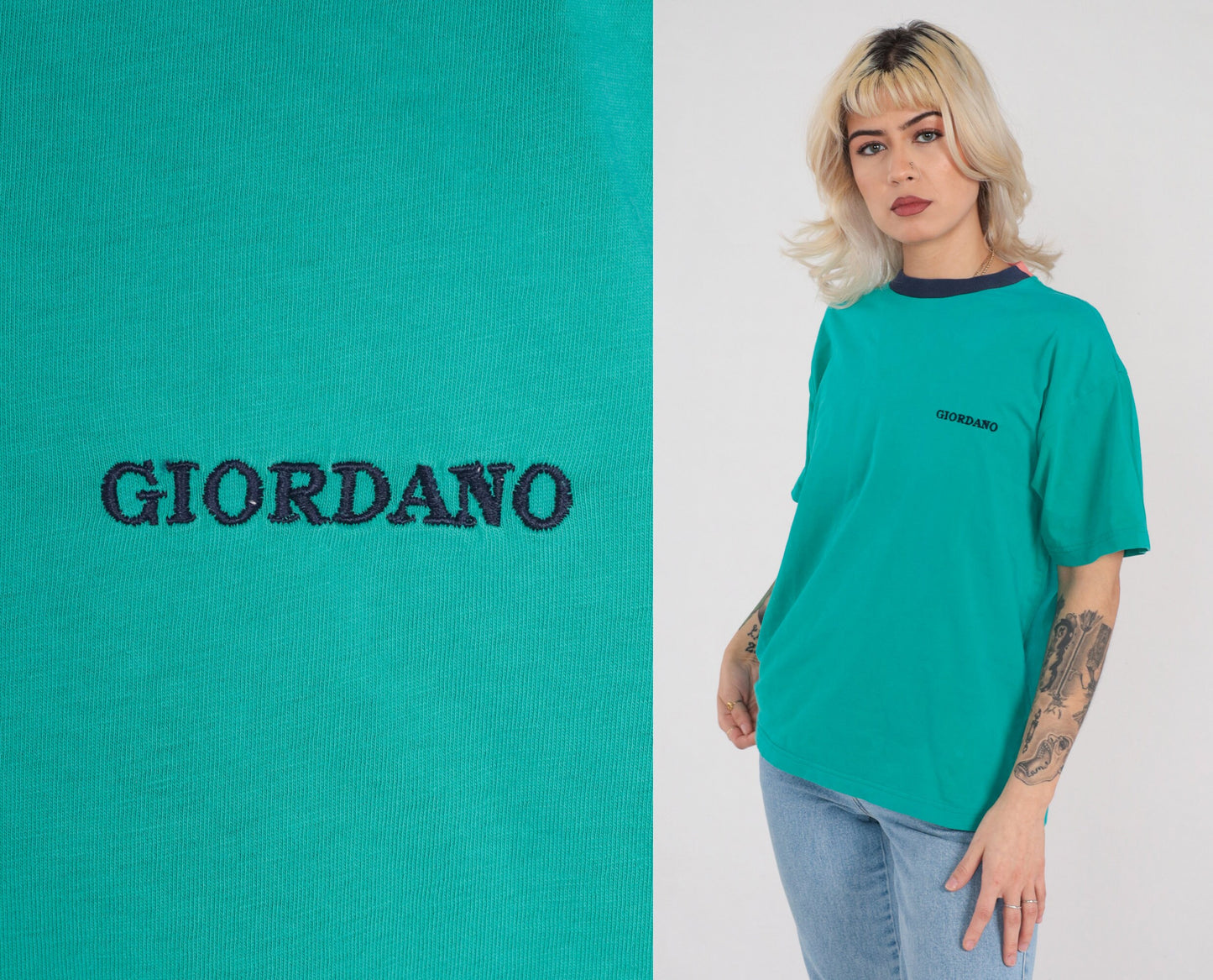 90s Giordano Embroidered Logo T-Shirt Green Navy Ringer Crewneck Medium M