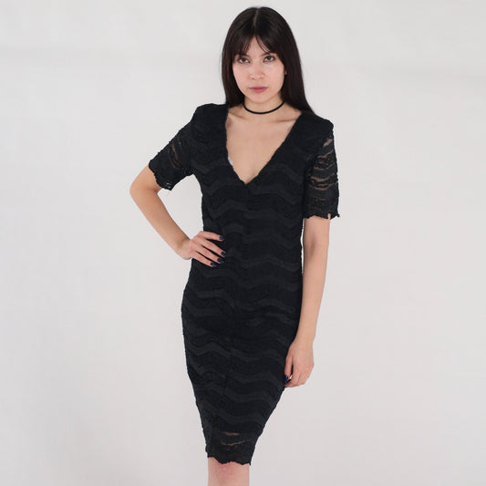90s Black Lace Sheath Dress V Neck Short Sleeve Knee Length Medium