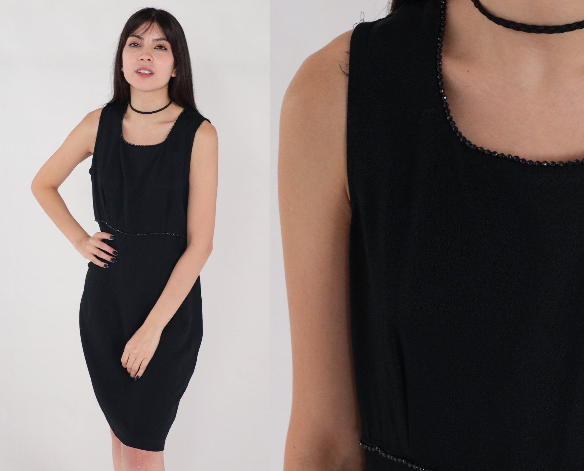 90s Black Mini Dress Beaded Sheath Sleeveless Rear Zip Medium 10