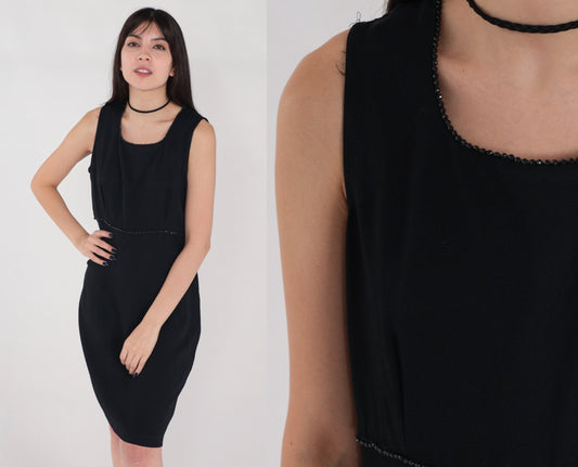 90s Black Mini Dress Beaded Sheath Sleeveless Rear Zip Medium 10