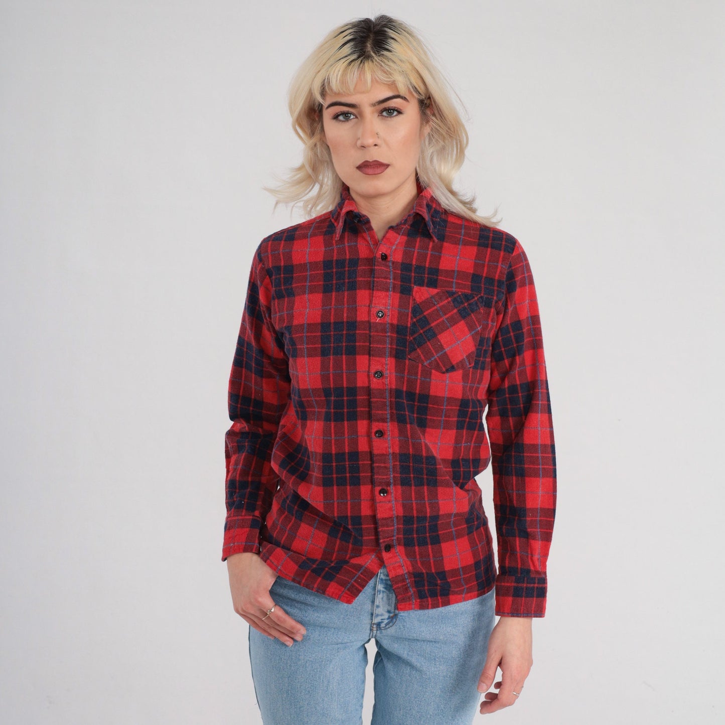 90s Red Plaid Flannel Button-Up Shirt Long Sleeve Small S