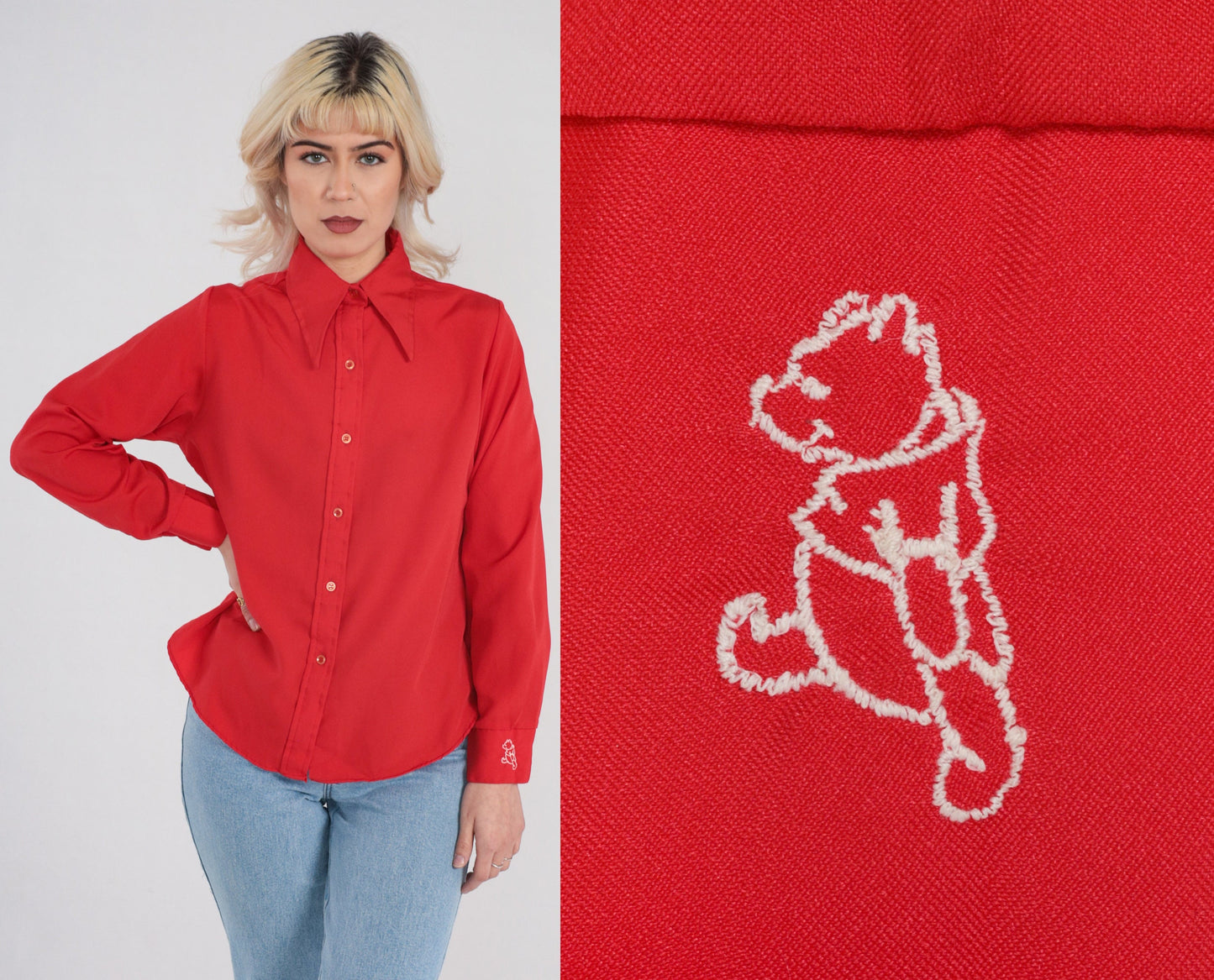 70s Winnie The Pooh Red Button Up Blouse Dagger Collar Embroidered Small S