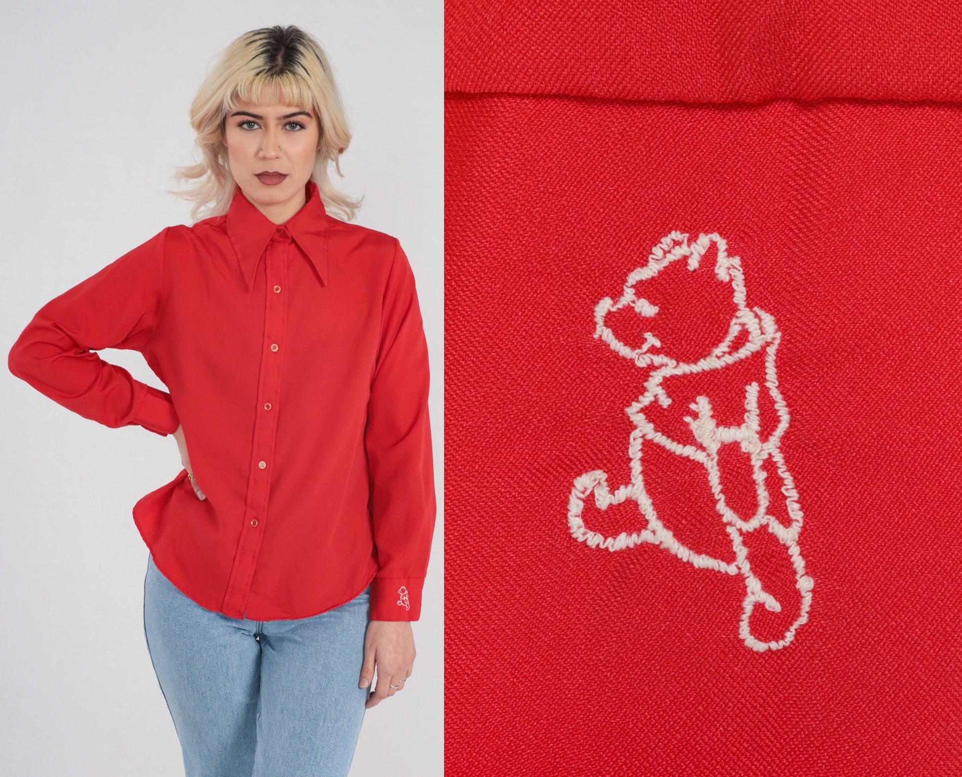 70s Winnie The Pooh Red Button Up Blouse Dagger Collar Embroidered Small S