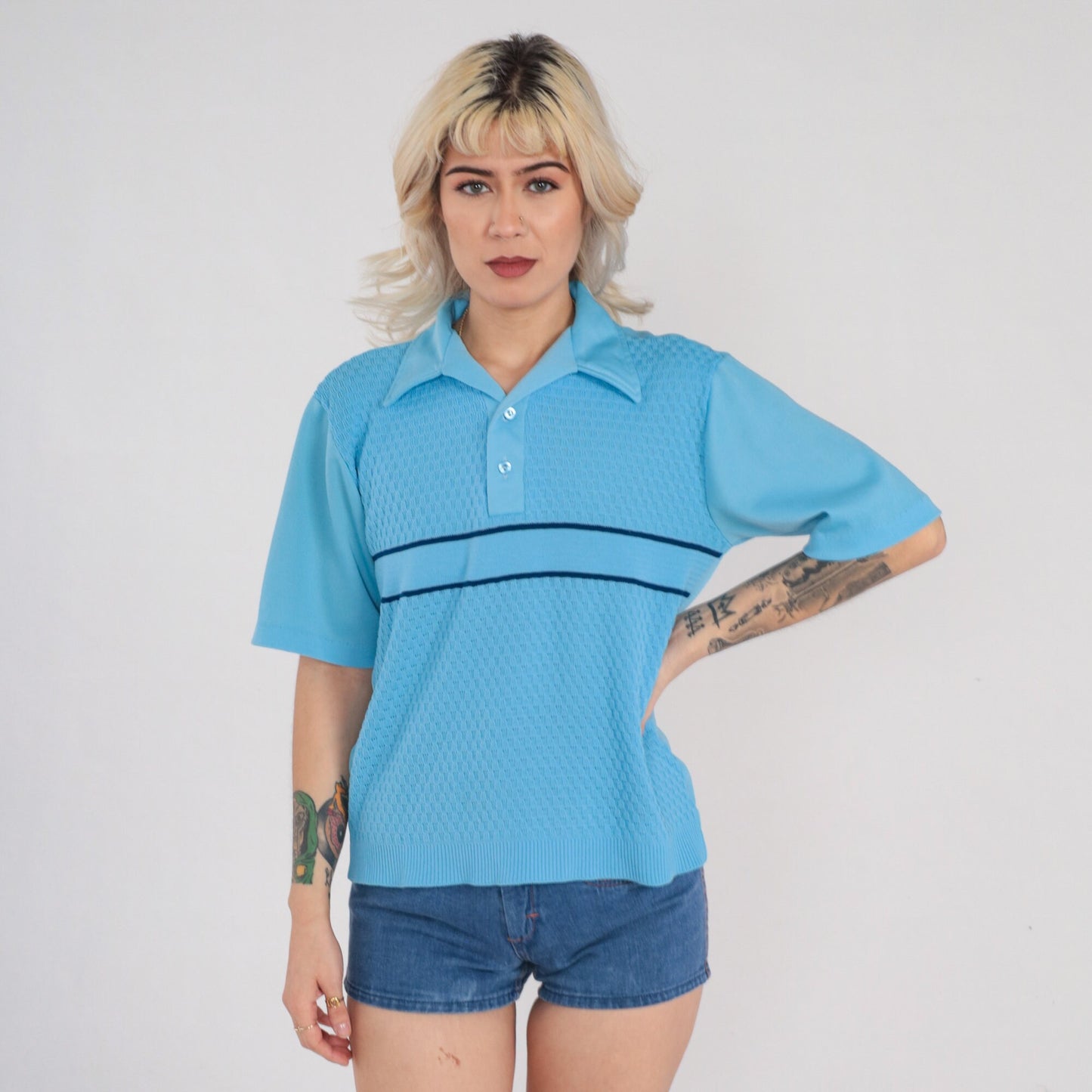 70s Blue Striped Polo Shirt Basket Weave Collared Short Sleeve Medium